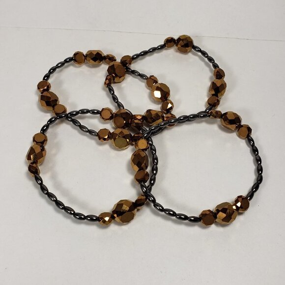 Set of 4 Silver tone Brown / Chocolate  Beaded Stretchy Bracelets - Picture 7 of 10